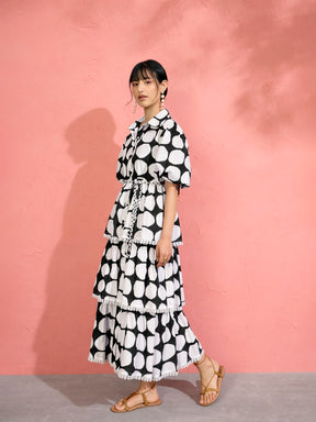 Black & White Polka Dot Frill Tiered Button Down Midi Dress-Pink Paprika by SASSAFRAS