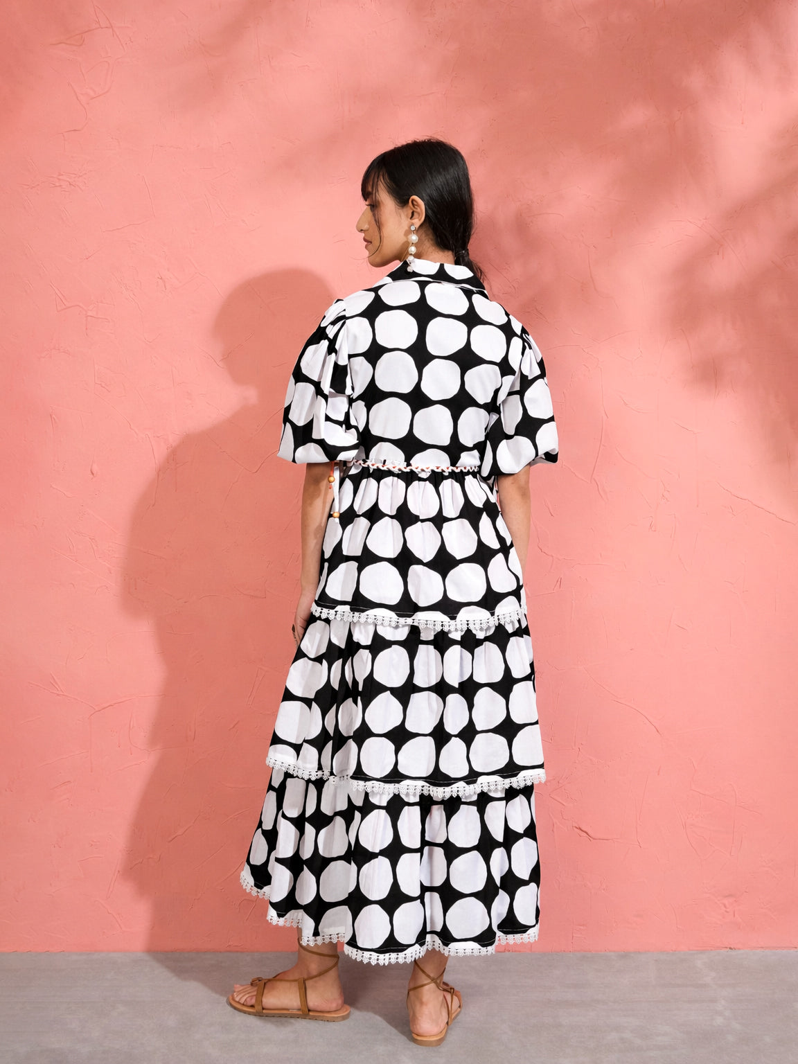 Black & White Polka Dot Frill Tiered Button Down Midi Dress-Pink Paprika by SASSAFRAS
