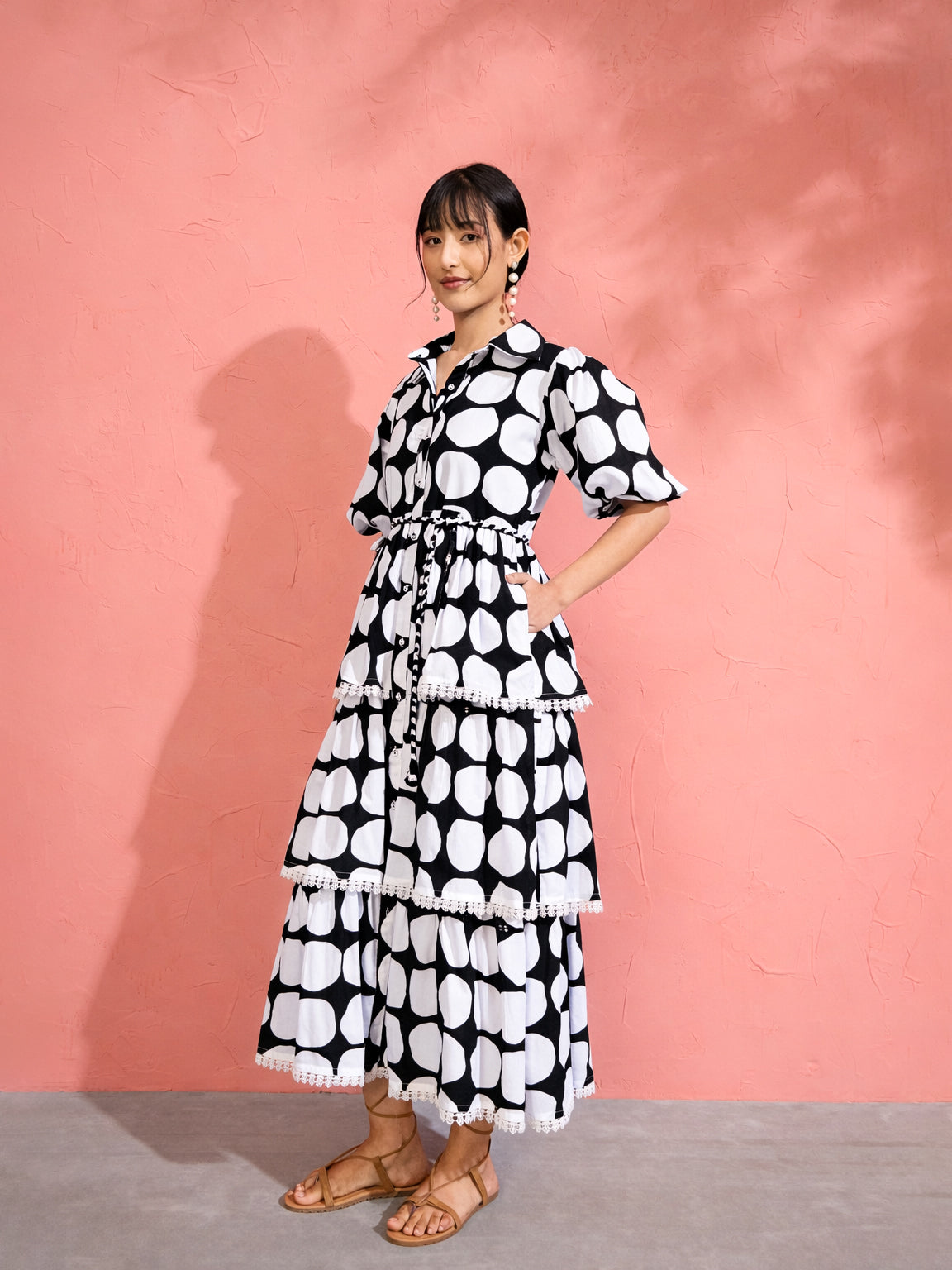 Women Black & White Polka Dot Frill Tiered Button Down Midi Dress