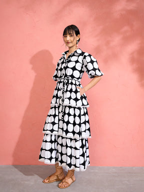 Women Black & White Polka Dot Frill Tiered Button Down Midi Dress