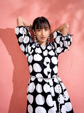 Women Black & White Polka Dot Frill Tiered Button Down Midi Dress