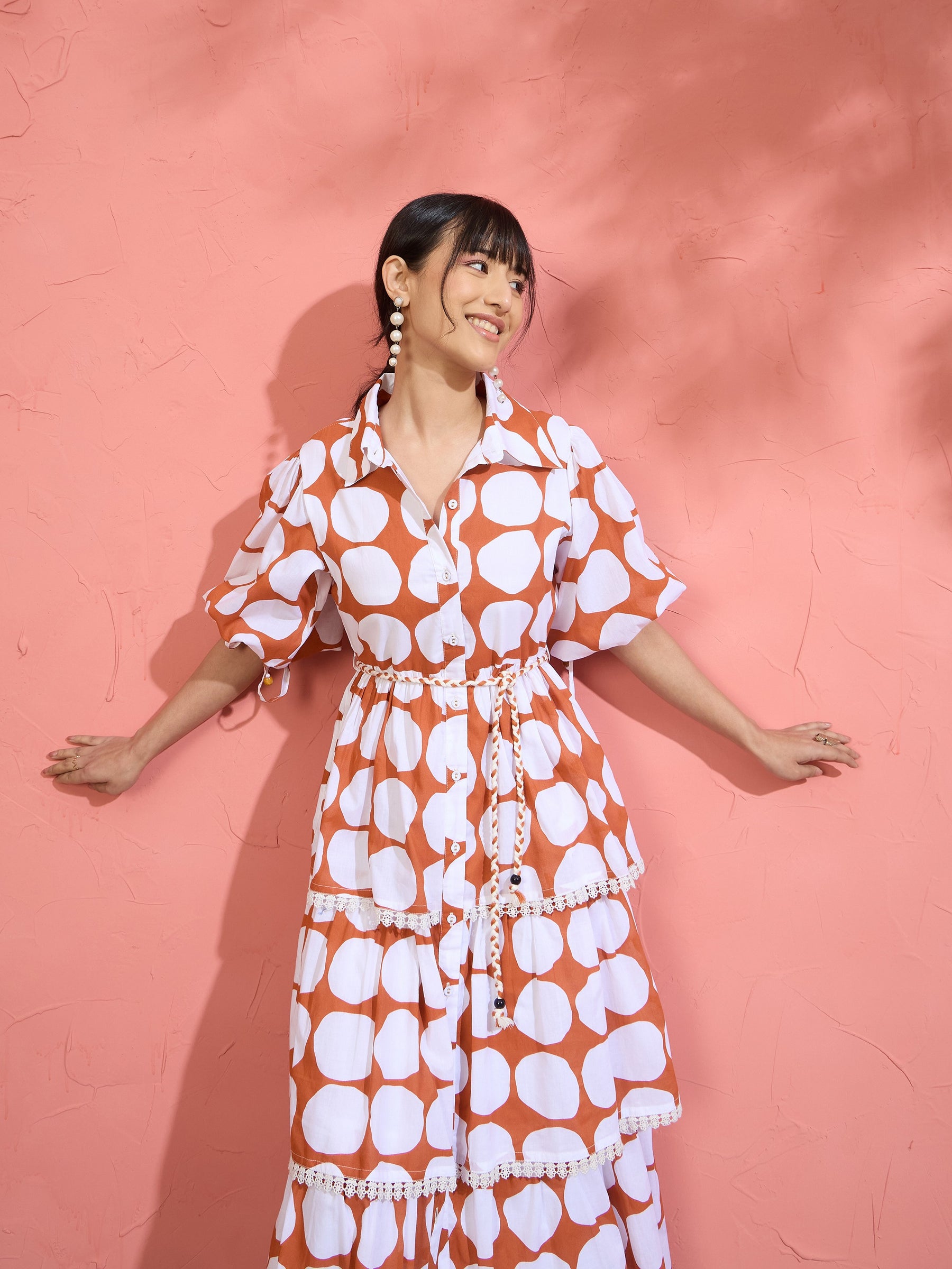Brown & White Polka Dot Frill Tiered Button Down Midi Dress-Pink Paprika by SASSAFRAS