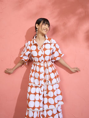 Brown & White Polka Dot Frill Tiered Button Down Midi Dress-Pink Paprika by SASSAFRAS