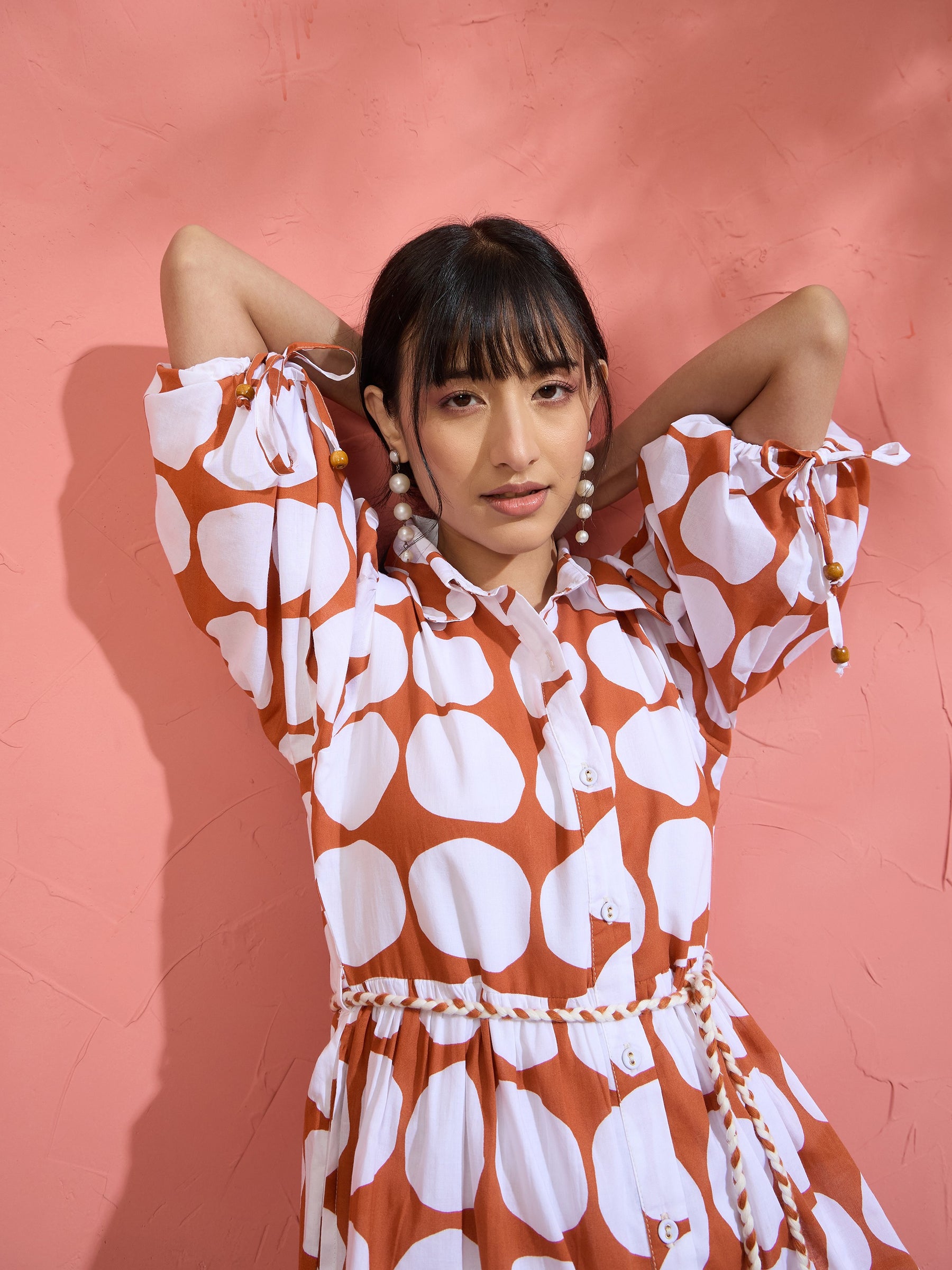 Brown & White Polka Dot Frill Tiered Button Down Midi Dress-Pink Paprika by SASSAFRAS