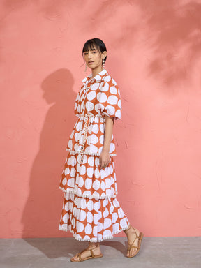 Brown & White Polka Dot Frill Tiered Button Down Midi Dress-Pink Paprika by SASSAFRAS