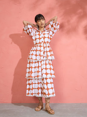 Brown & White Polka Dot Frill Tiered Button Down Midi Dress-Pink Paprika by SASSAFRAS