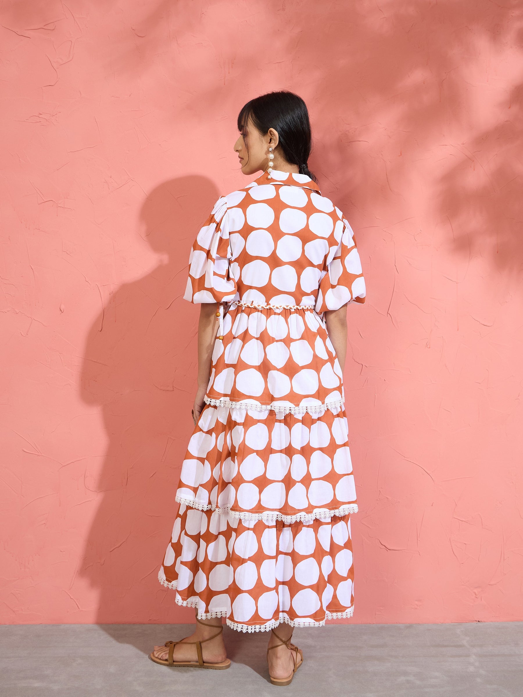 Women Brown & White Polka Dot Frill Tiered Button Down Midi Dress