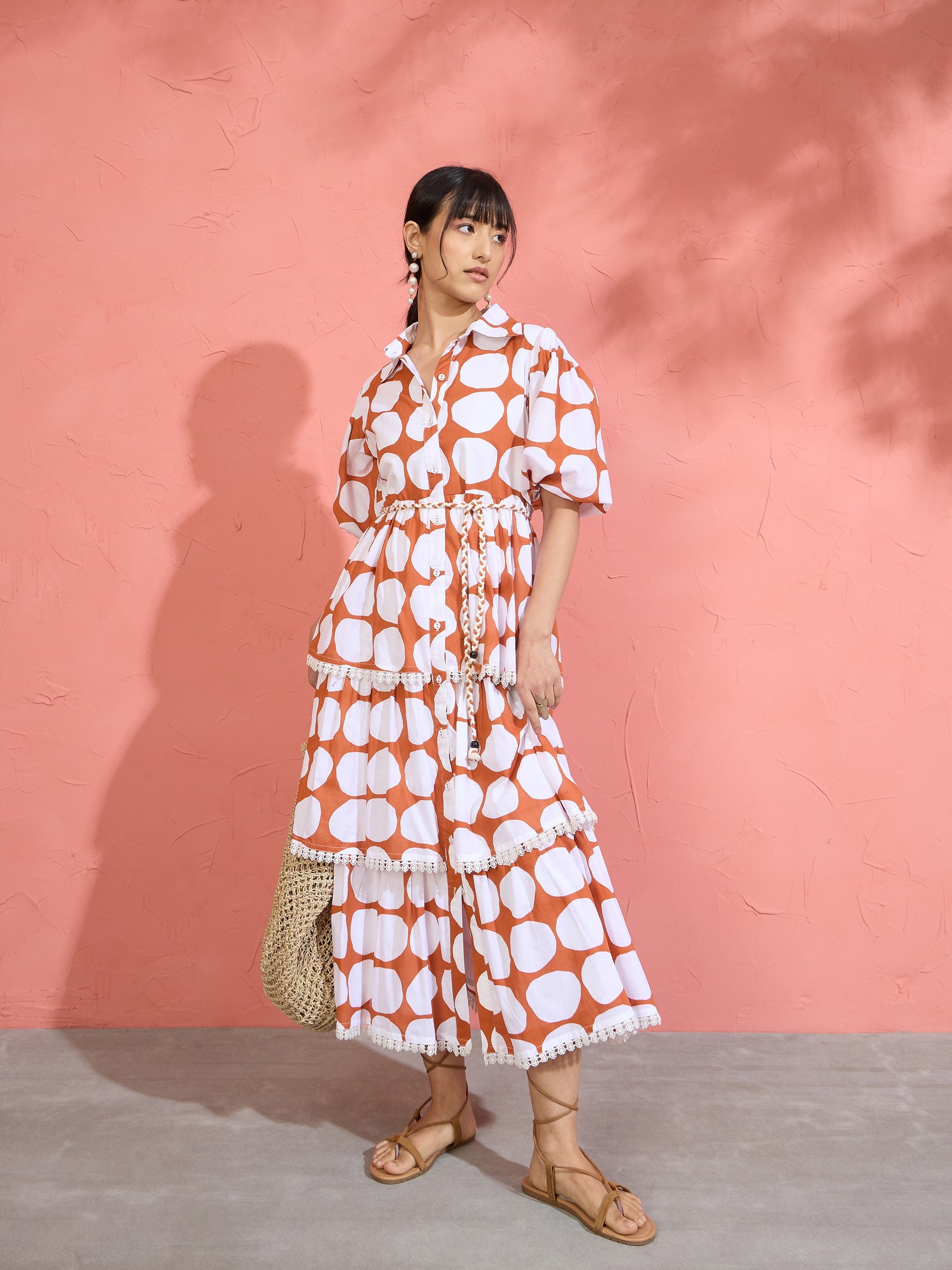 Women Brown & White Polka Dot Frill Tiered Button Down Midi Dress