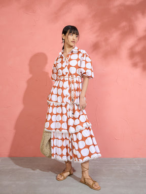 Women Brown & White Polka Dot Frill Tiered Button Down Midi Dress