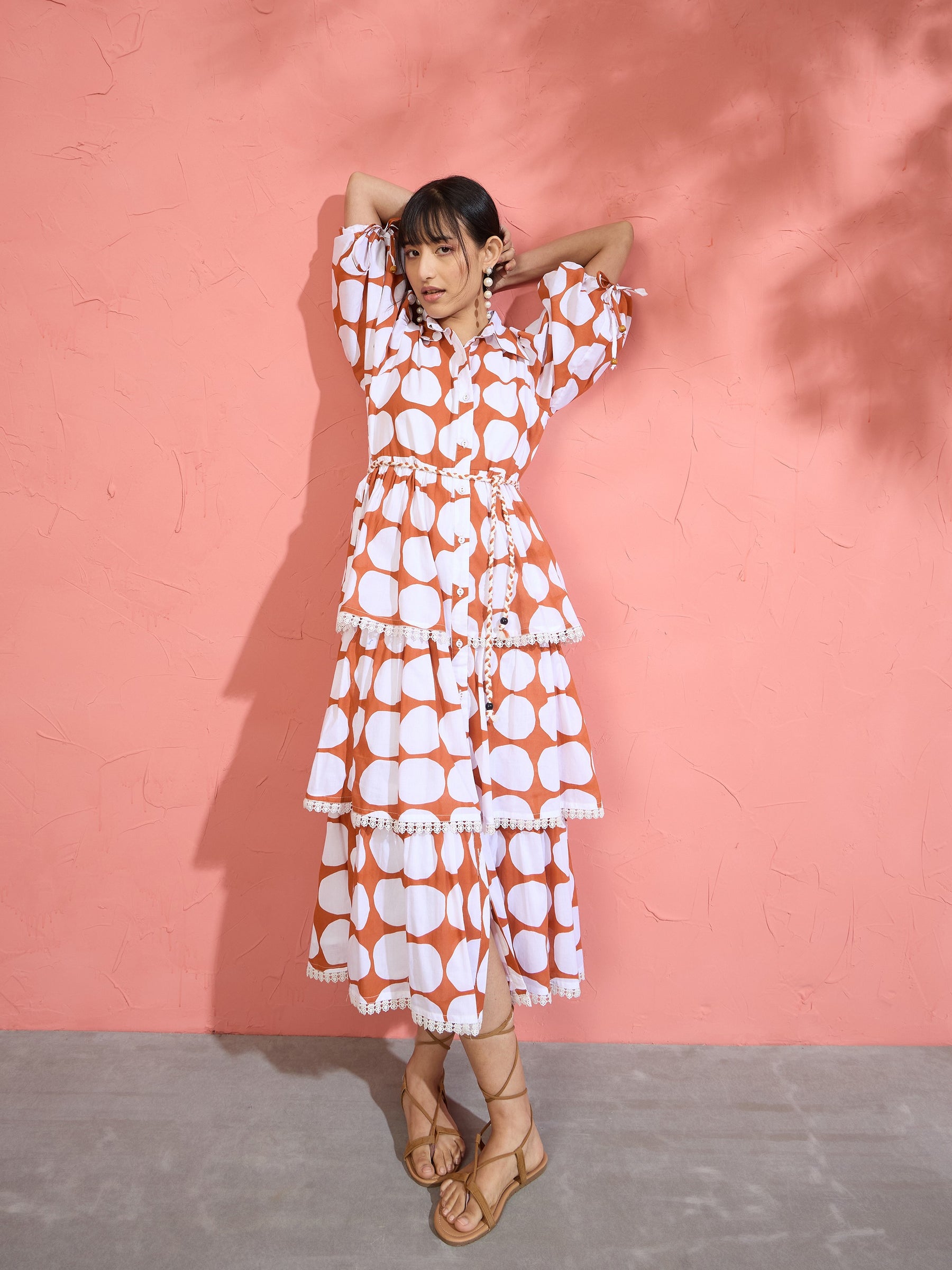 Women Brown & White Polka Dot Frill Tiered Button Down Midi Dress