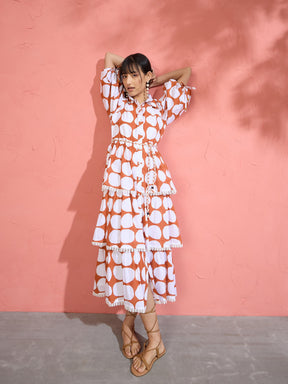 Women Brown & White Polka Dot Frill Tiered Button Down Midi Dress