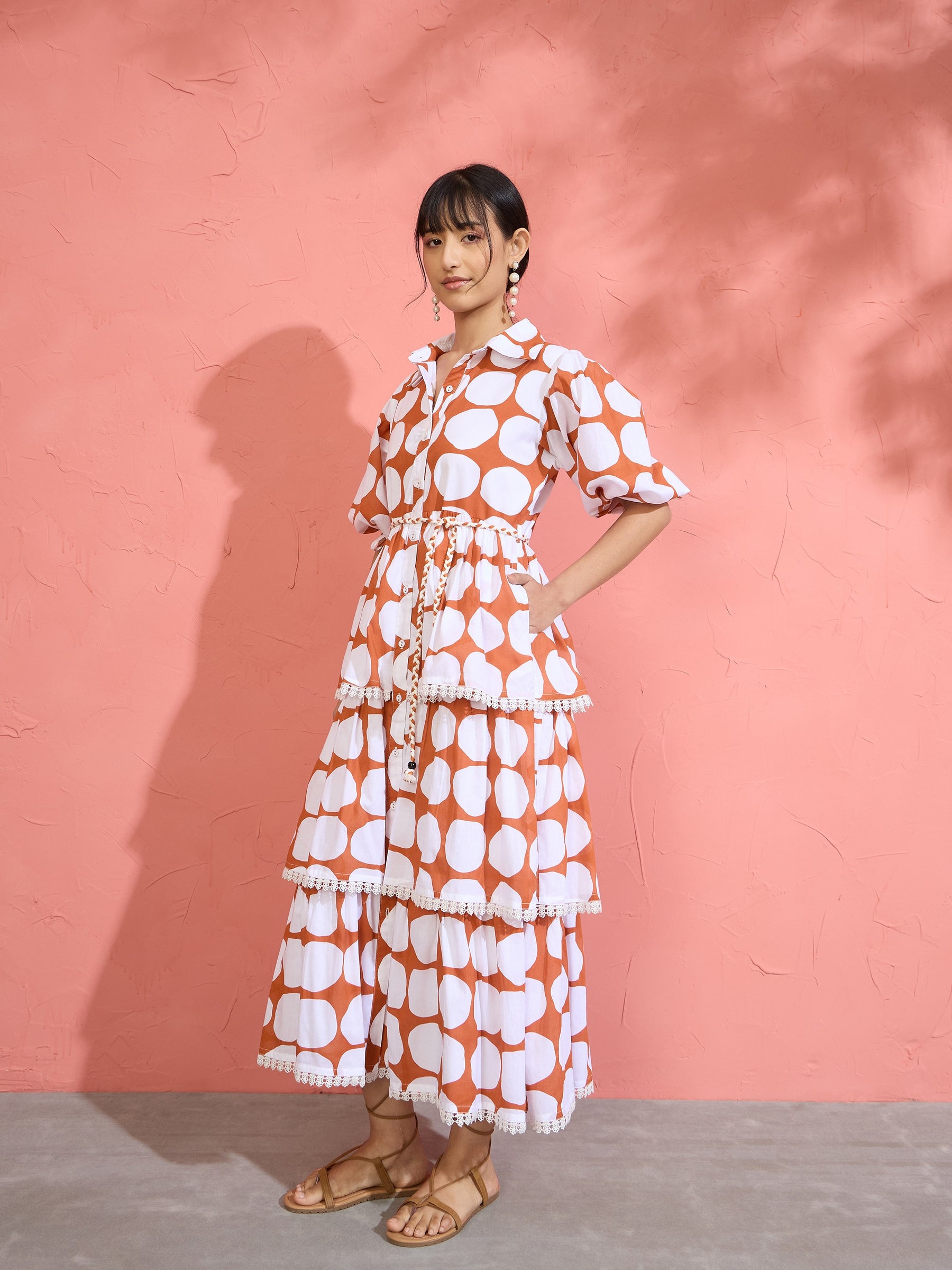 Women Brown & White Polka Dot Frill Tiered Button Down Midi Dress