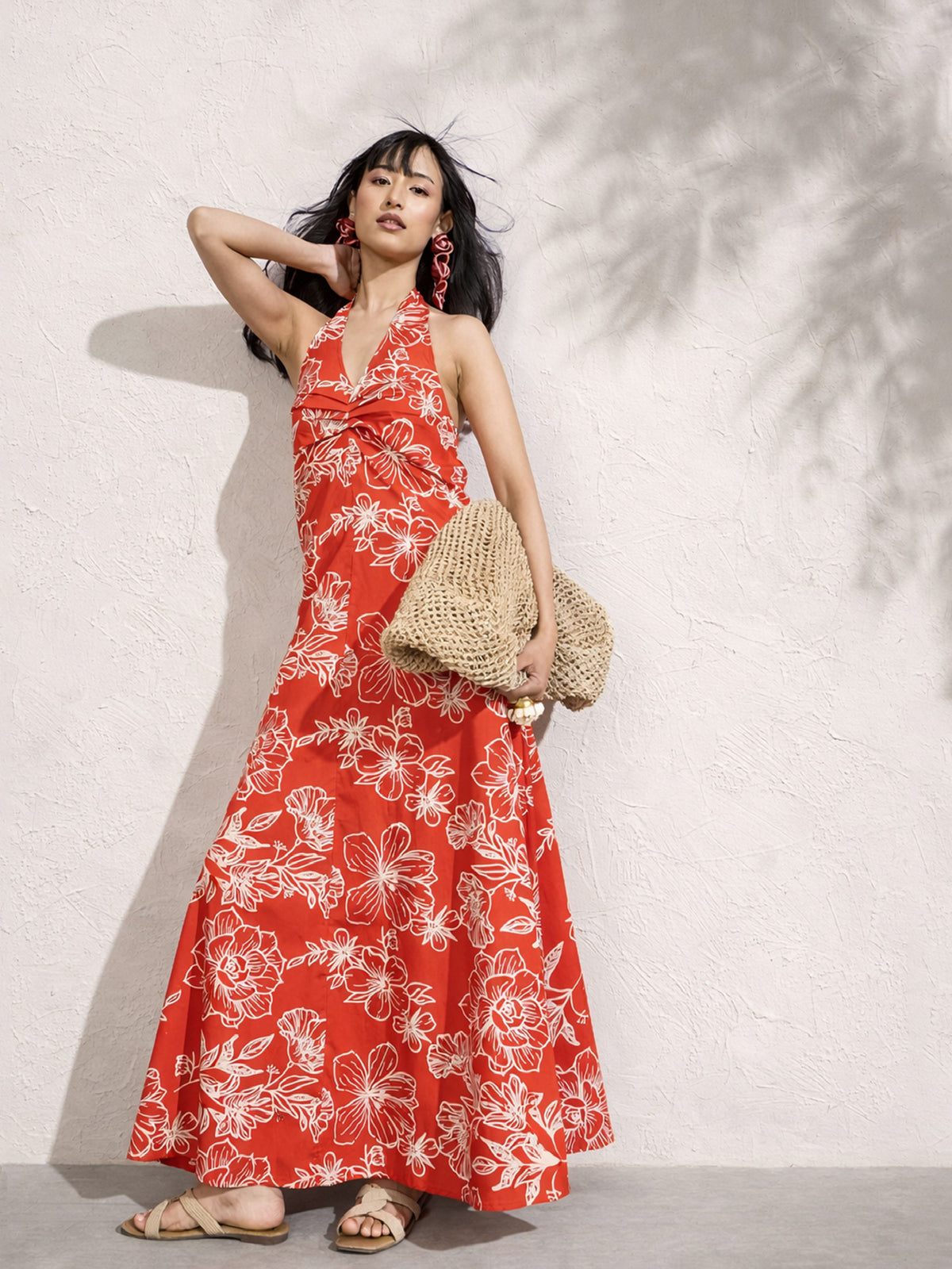 Red Poplin Floral Halter Neck Maxi Dress-Pink Paprika by SASSAFRAS