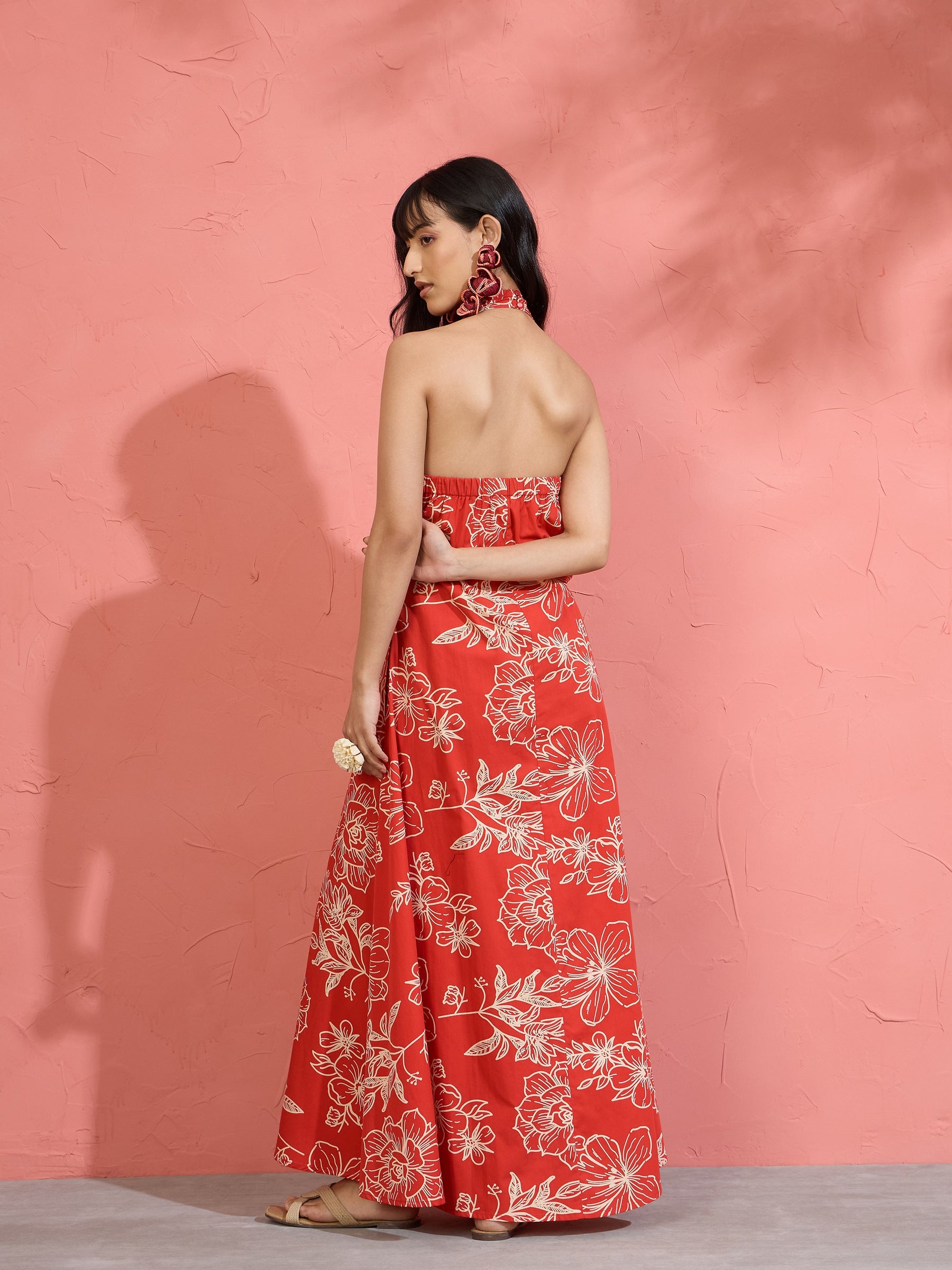 Red Poplin Floral Halter Neck Maxi Dress-Pink Paprika by SASSAFRAS