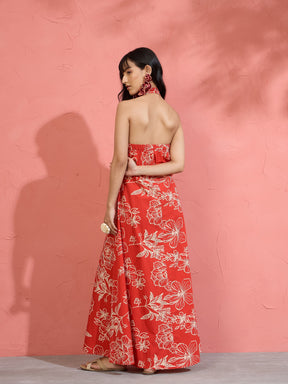 Red Poplin Floral Halter Neck Maxi Dress-Pink Paprika by SASSAFRAS