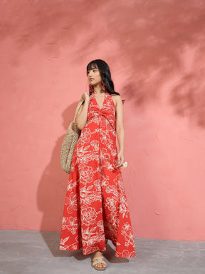 Women Red Poplin Floral Halter Neck Maxi Dress
