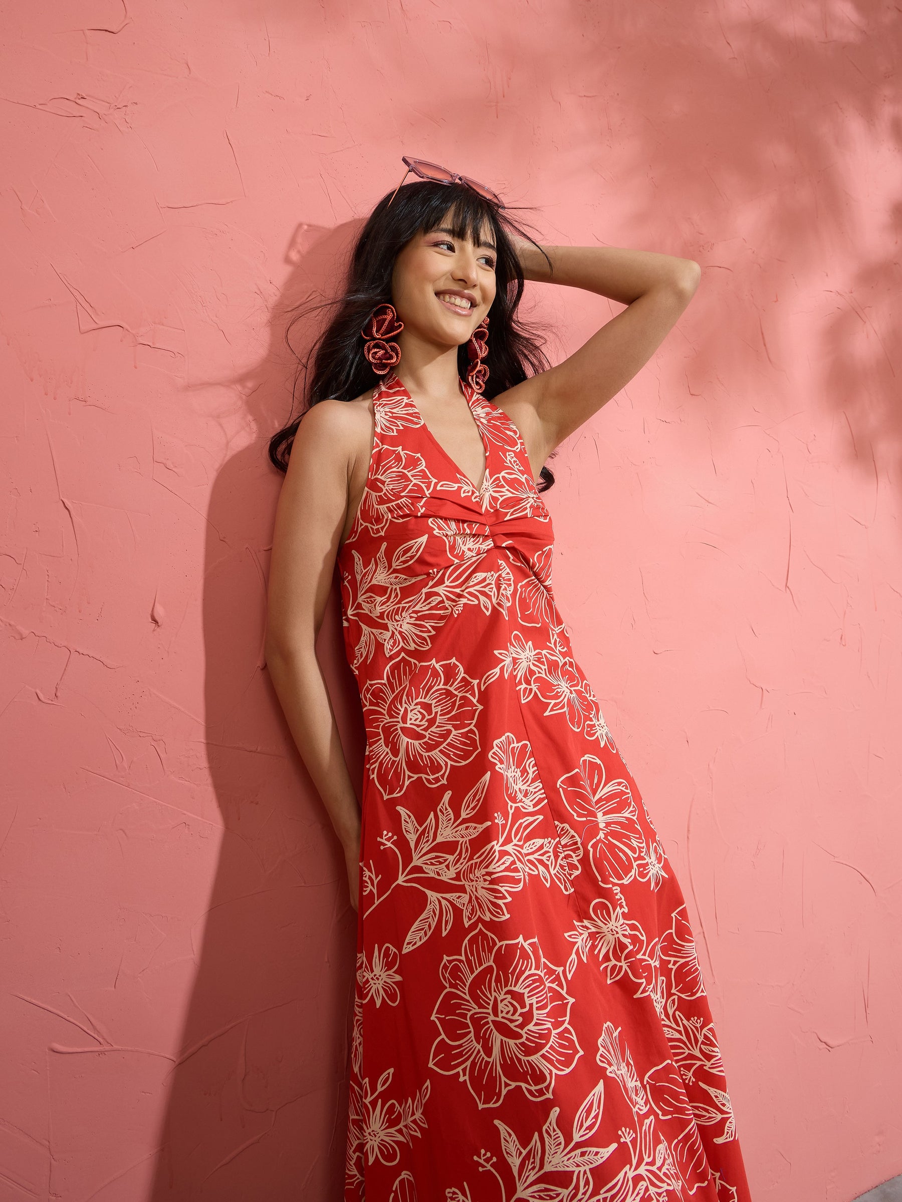 Women Red Poplin Floral Halter Neck Maxi Dress