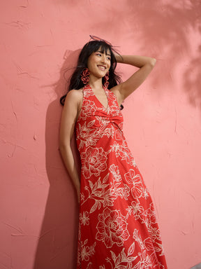 Women Red Poplin Floral Halter Neck Maxi Dress