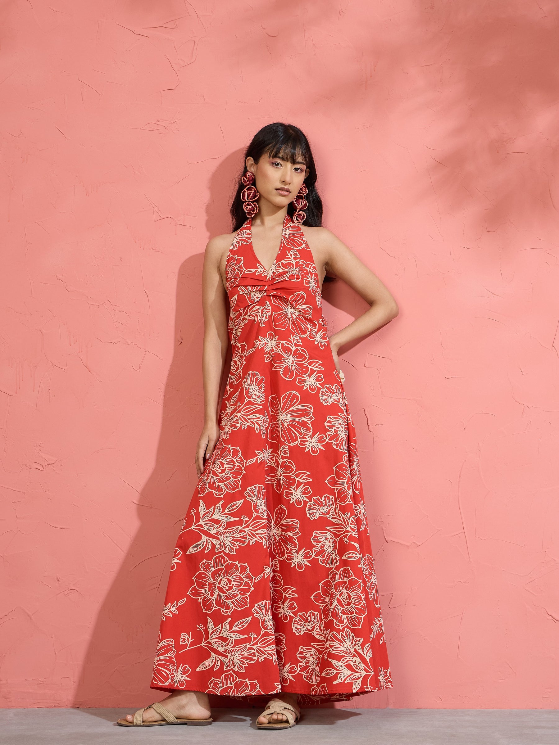 Women Red Poplin Floral Halter Neck Maxi Dress