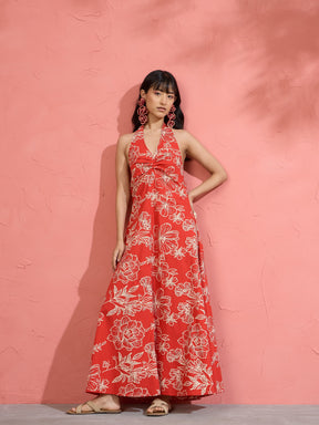 Women Red Poplin Floral Halter Neck Maxi Dress