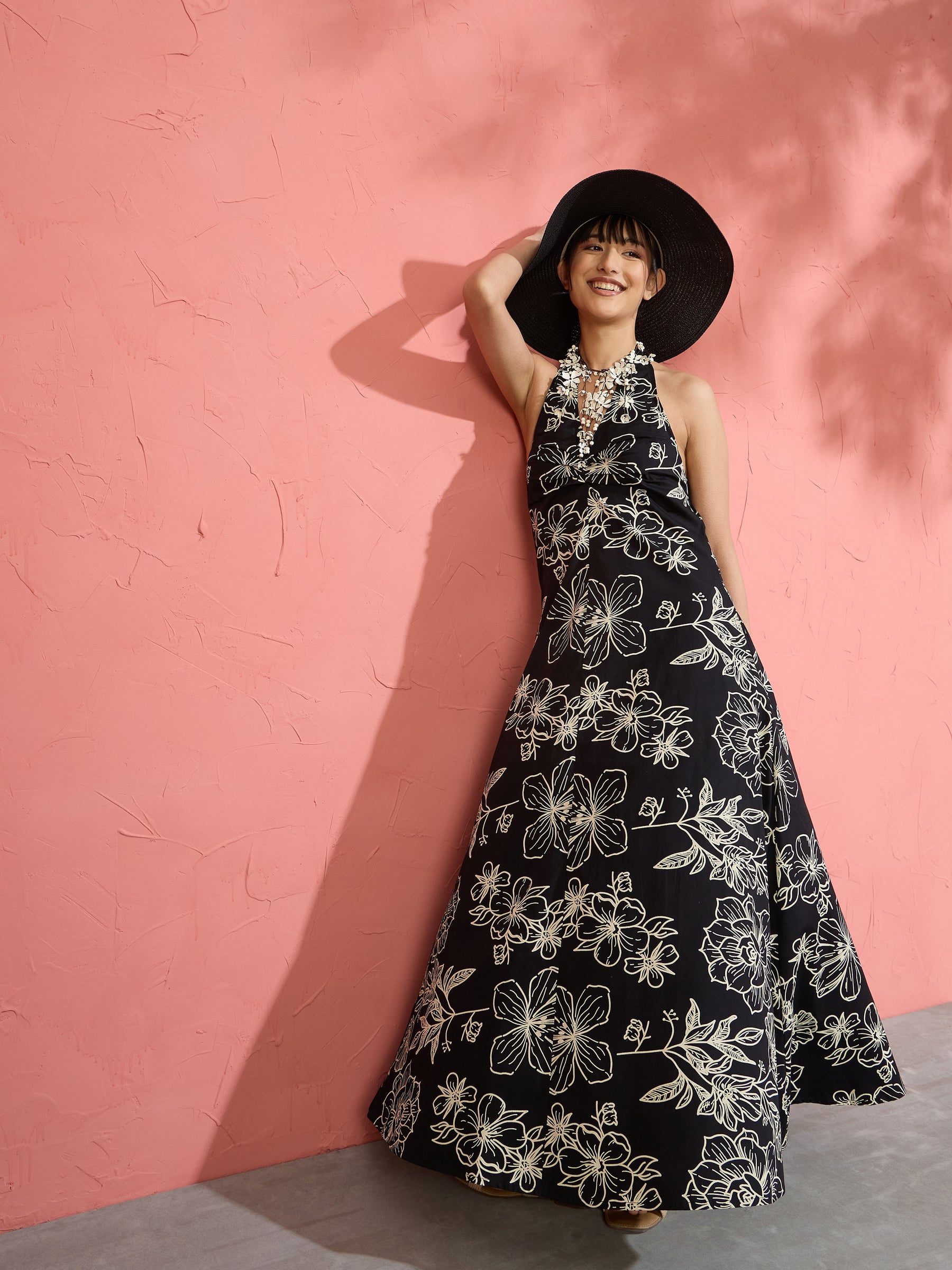 Black Poplin Floral Halter Neck Maxi Dress-Pink Paprika by SASSAFRAS