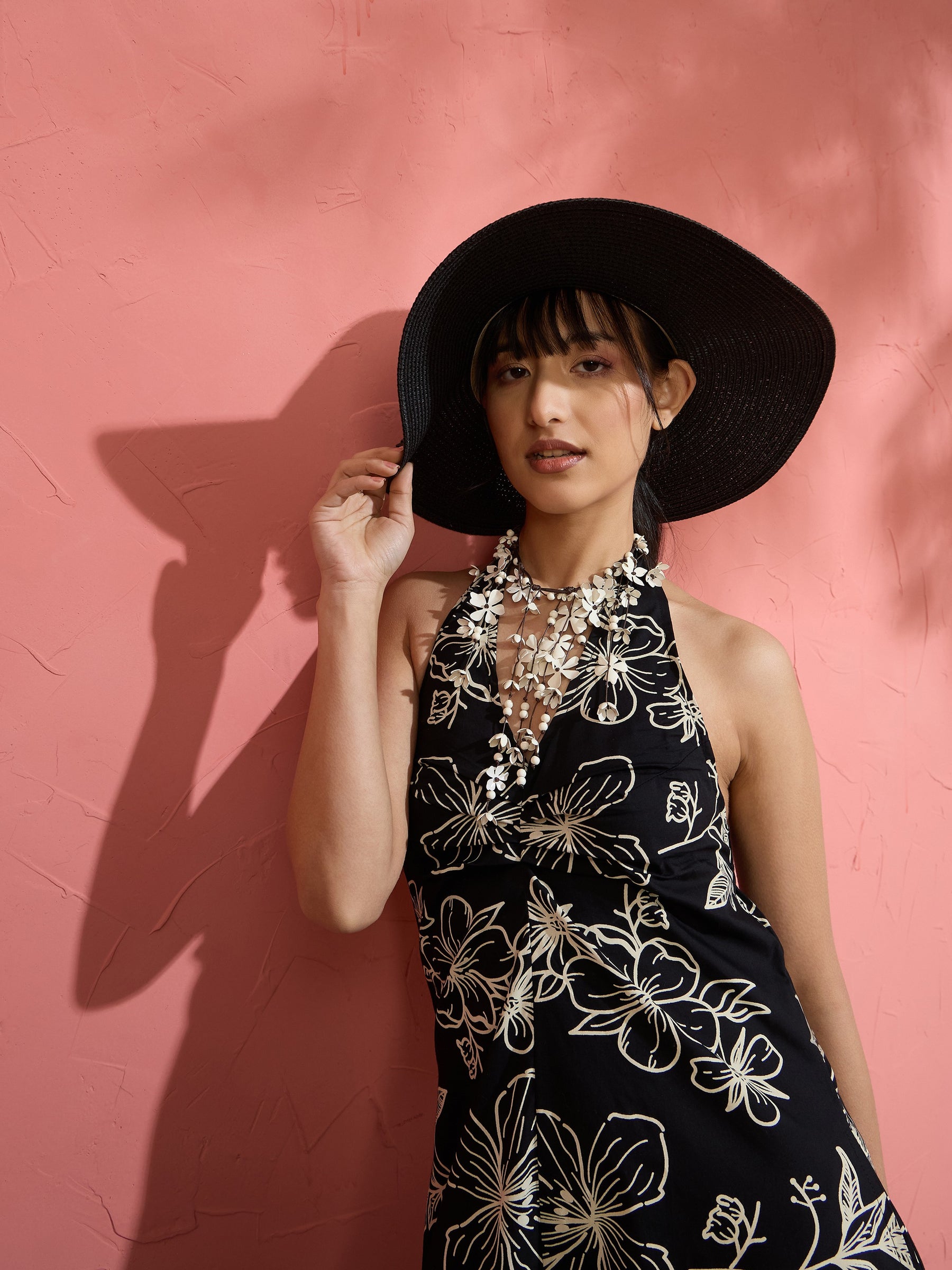 Black Poplin Floral Halter Neck Maxi Dress-Pink Paprika by SASSAFRAS