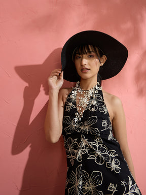 Black Poplin Floral Halter Neck Maxi Dress-Pink Paprika by SASSAFRAS