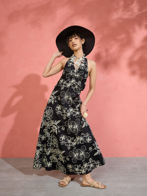Black Poplin Floral Halter Neck Maxi Dress-Pink Paprika by SASSAFRAS