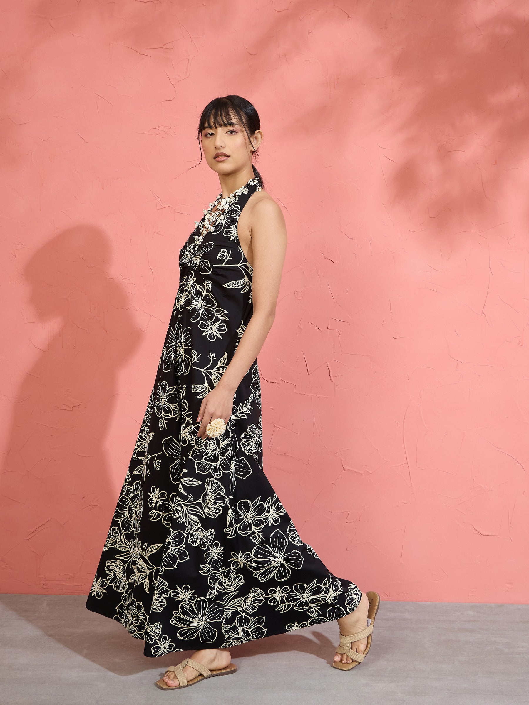 Black Poplin Floral Halter Neck Maxi Dress-Pink Paprika by SASSAFRAS