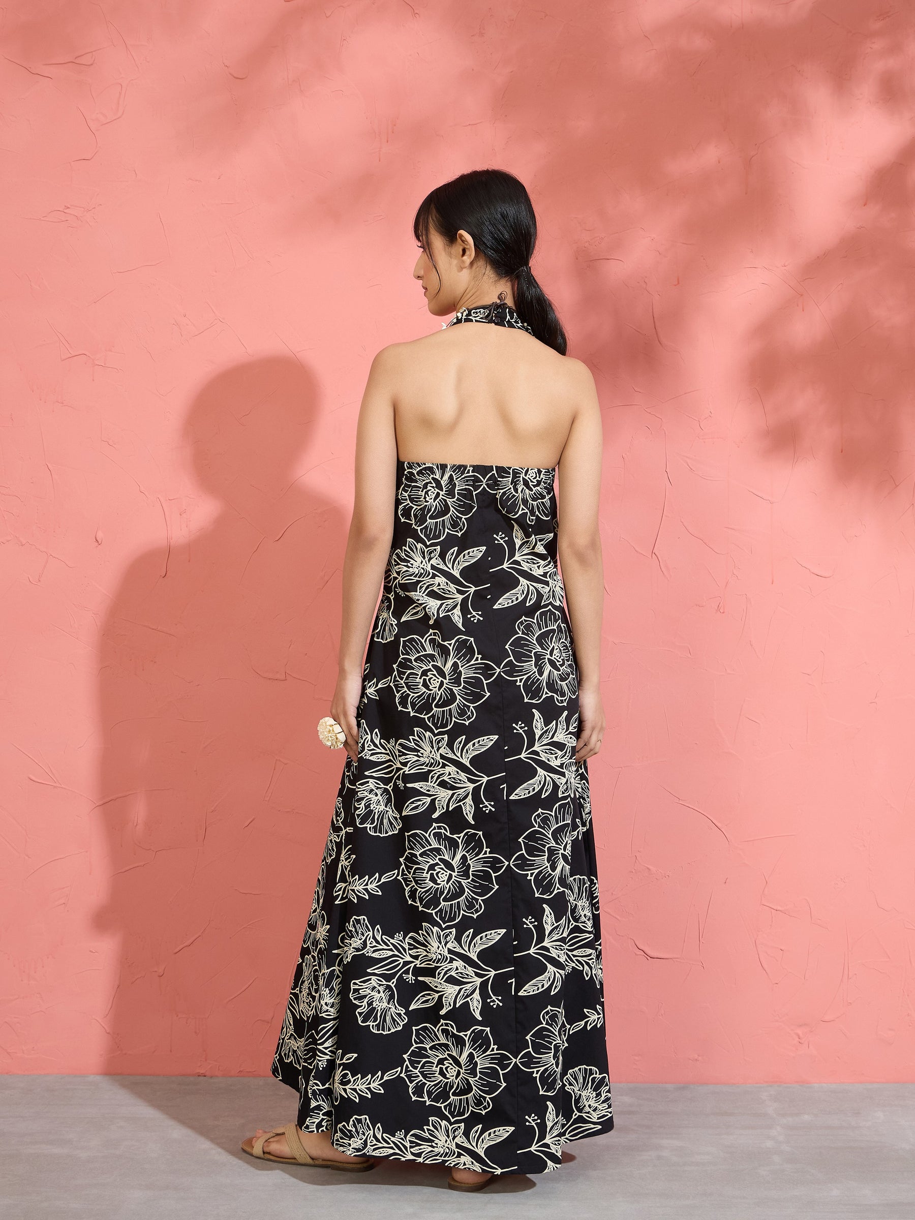 Black Poplin Floral Halter Neck Maxi Dress-Pink Paprika by SASSAFRAS