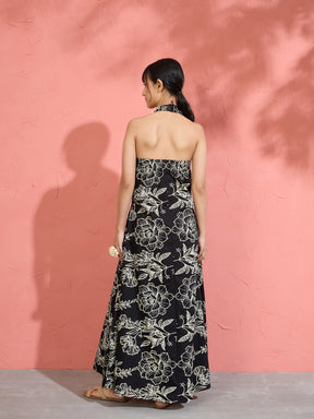 Black Poplin Floral Halter Neck Maxi Dress-Pink Paprika by SASSAFRAS