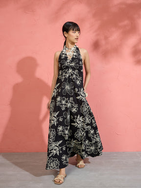 Women Black Poplin Floral Halter Neck Maxi Dress