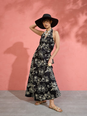 Women Black Poplin Floral Halter Neck Maxi Dress