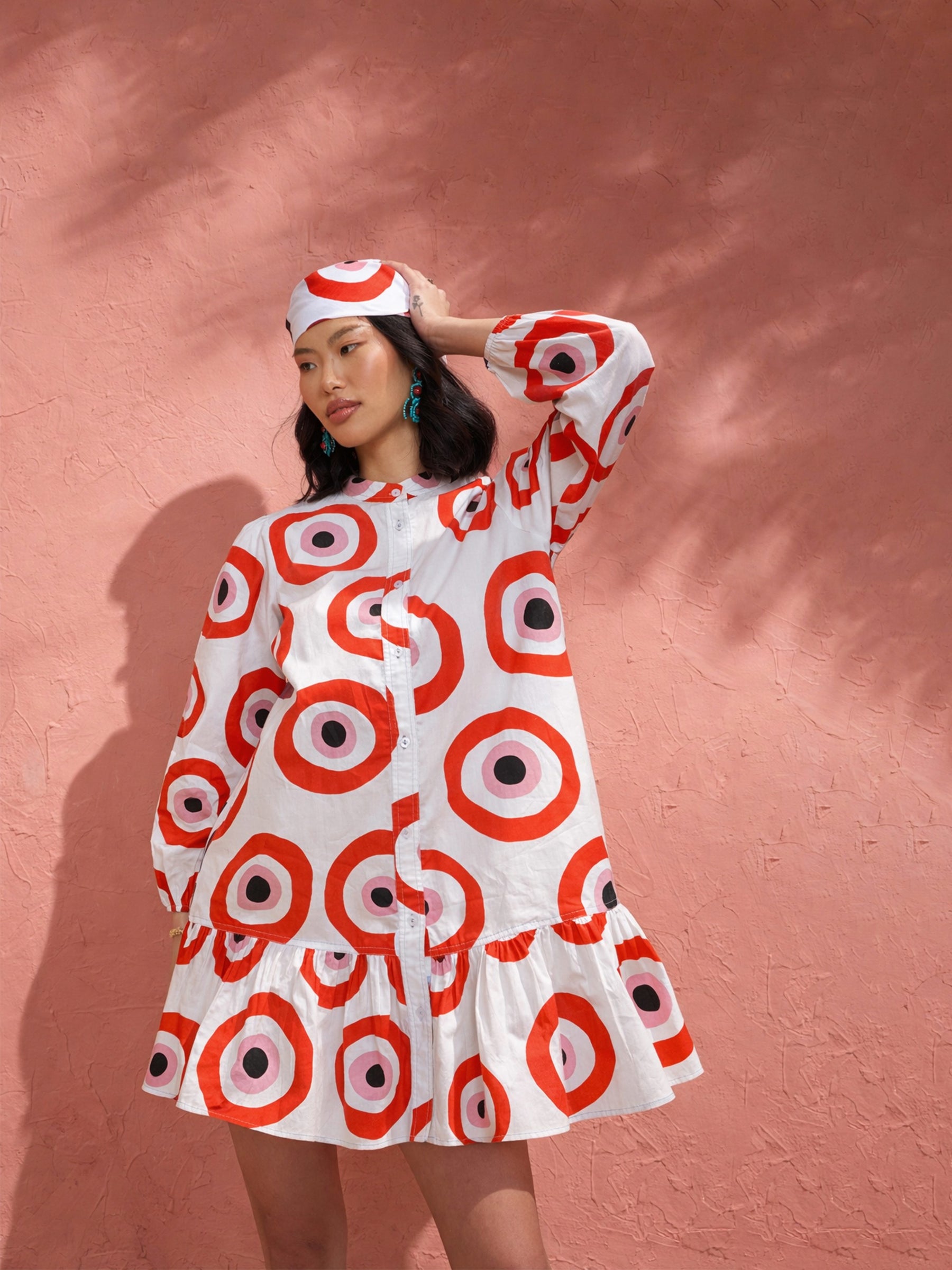 Red Evil Eye Print Shirt Dress-Pink Paprika by SASSAFRAS