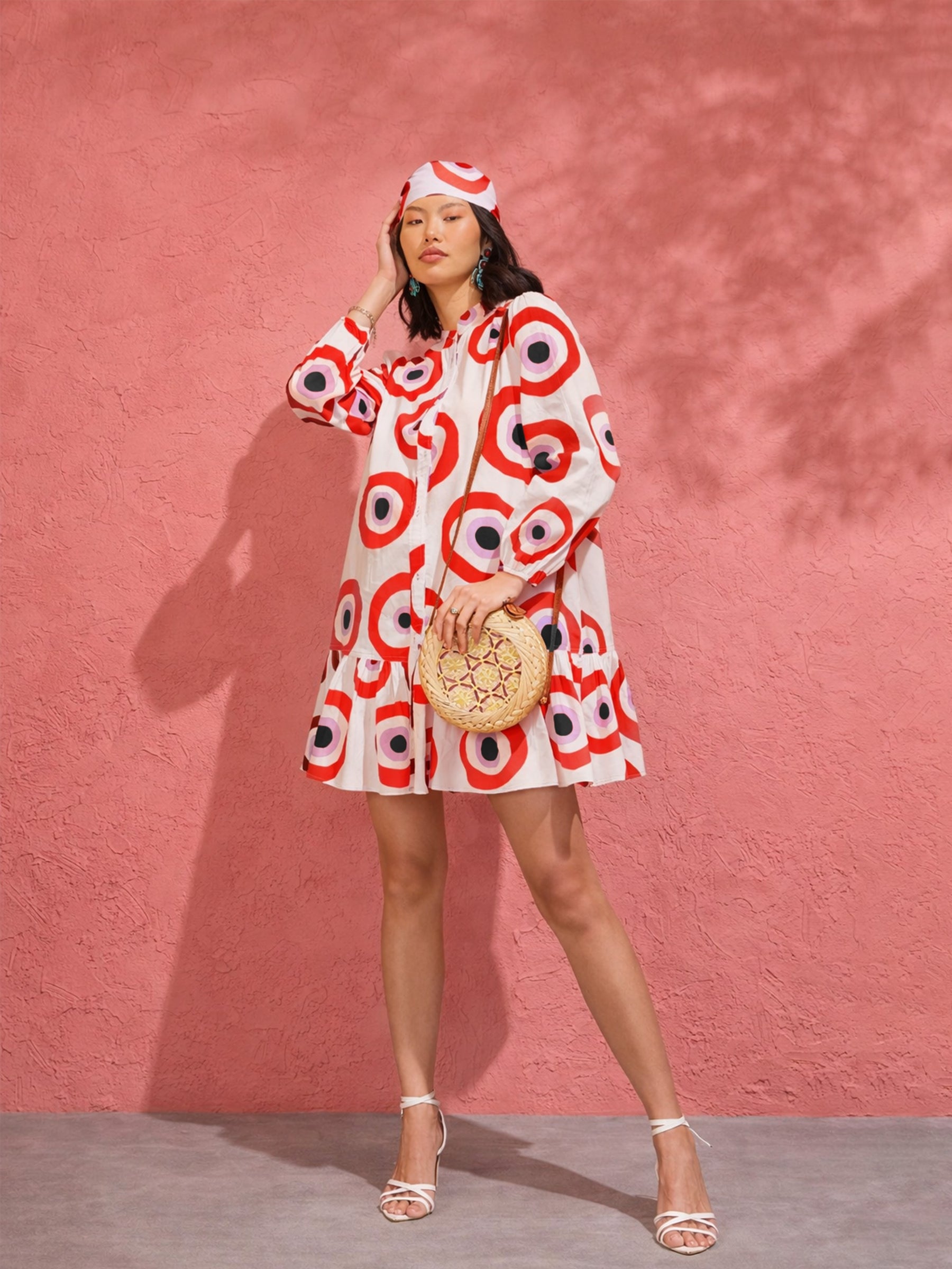 Red Evil Eye Print Shirt Dress-Pink Paprika by SASSAFRAS