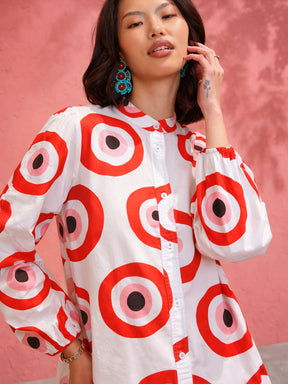 Red Evil Eye Print Shirt Dress-Pink Paprika by SASSAFRAS