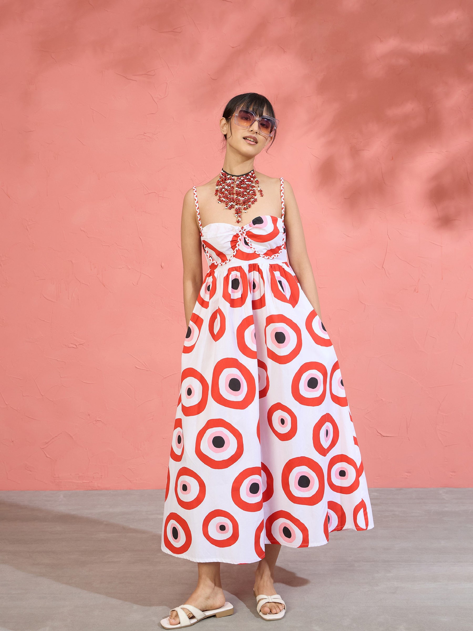 Red Evil Eye Print Strappy Midi Dress-Pink Paprika by SASSAFRAS