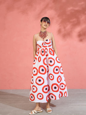 Red Evil Eye Print Strappy Midi Dress-Pink Paprika by SASSAFRAS