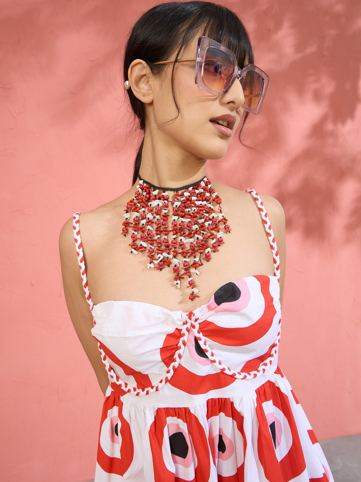 Red Evil Eye Print Strappy Midi Dress-Pink Paprika by SASSAFRAS