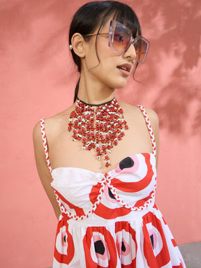 Red Evil Eye Print Strappy Midi Dress-Pink Paprika by SASSAFRAS