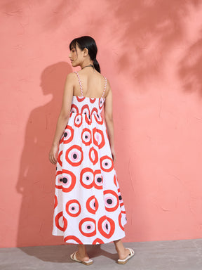 Red Evil Eye Print Strappy Midi Dress-Pink Paprika by SASSAFRAS