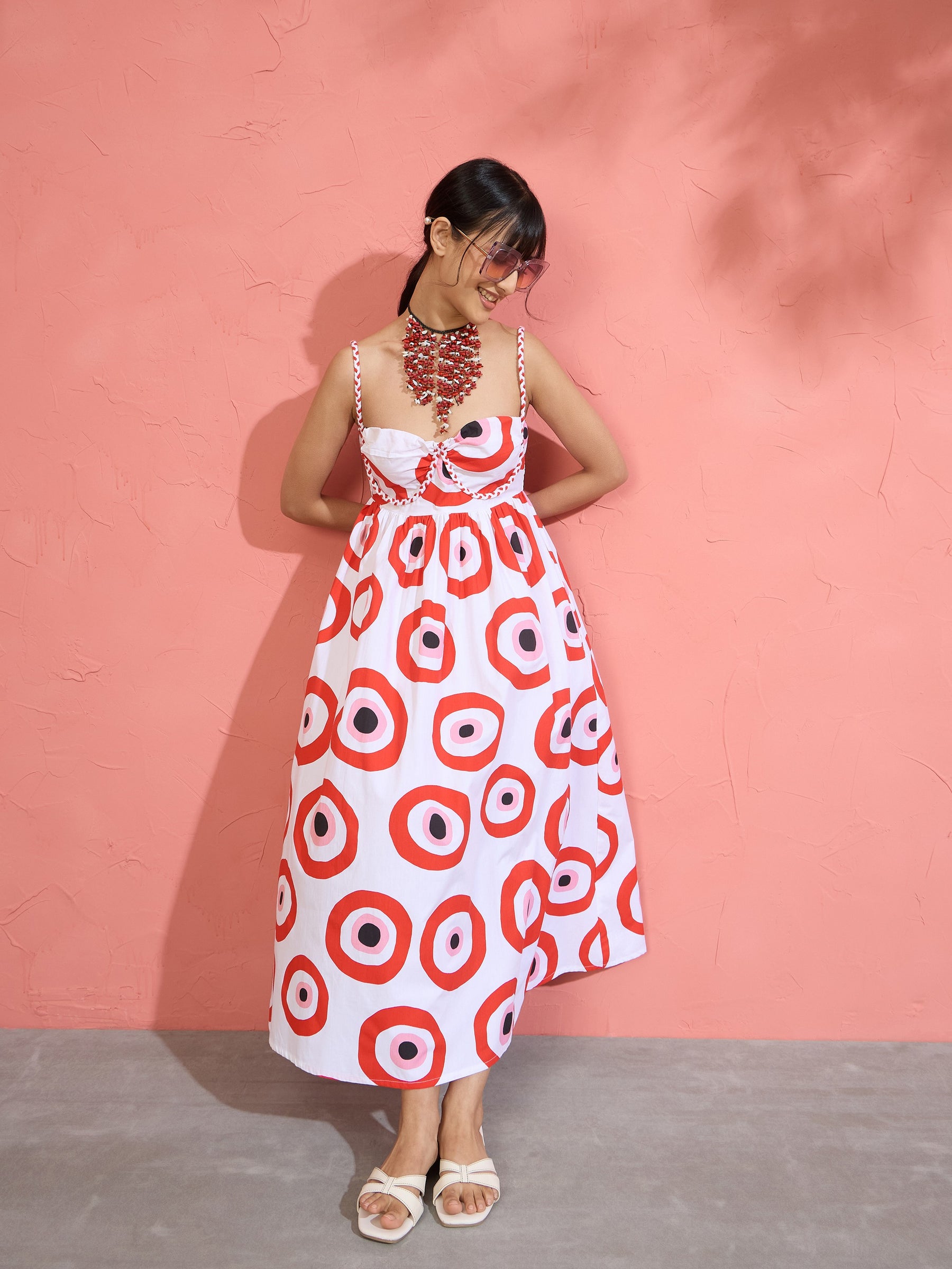Women Red Evil Eye Print Strappy Midi Dress