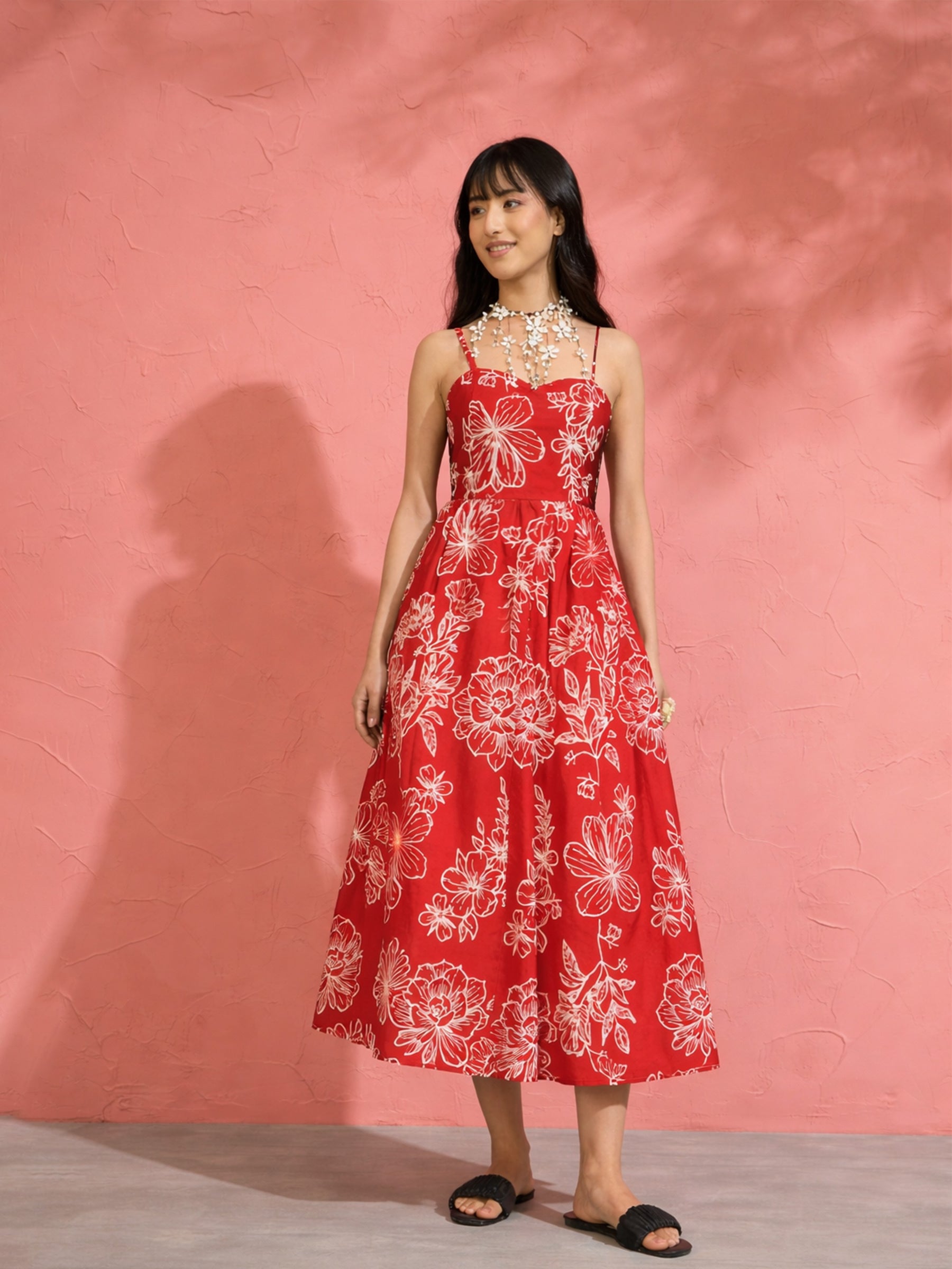 Red Poplin Floral Strappy Back Tie Midi Dress-Pink Paprika by SASSAFRAS