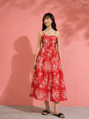 Red Poplin Floral Strappy Back Tie Midi Dress-Pink Paprika by SASSAFRAS