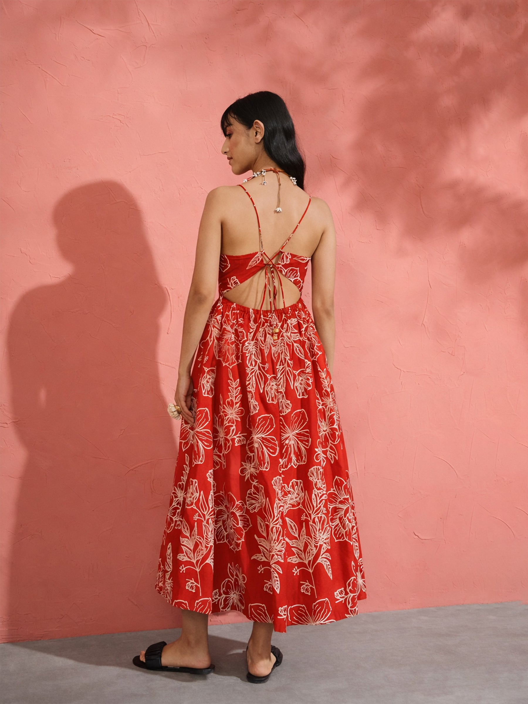 Women Red Poplin Floral Strappy Back Tie Midi Dress