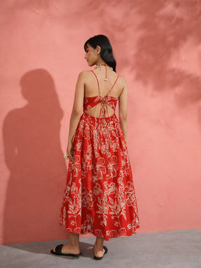 Women Red Poplin Floral Strappy Back Tie Midi Dress