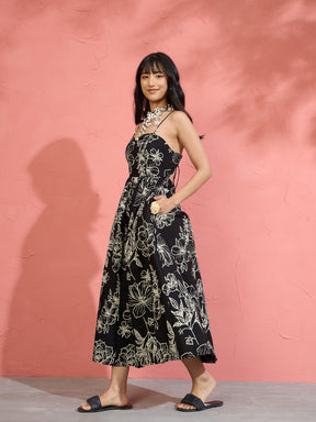 Black Poplin Floral Strappy Back Tie Midi Dress-Pink Paprika by SASSAFRAS