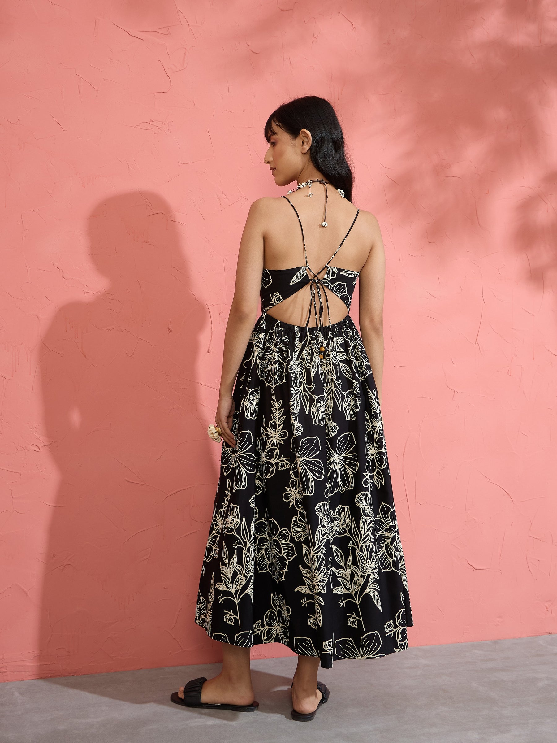 Black Poplin Floral Strappy Back Tie Midi Dress-Pink Paprika by SASSAFRAS