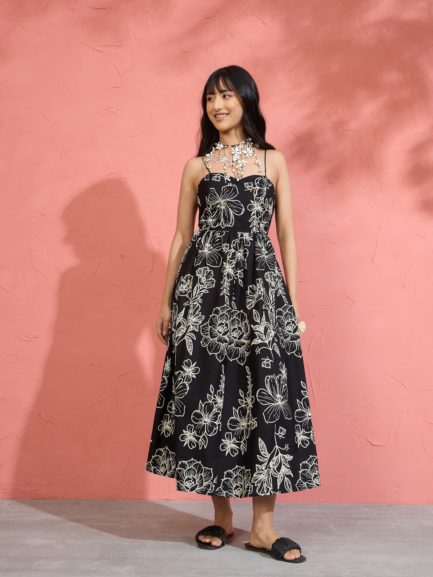 Women Black Poplin Floral Strappy Back Tie Midi Dress