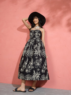Women Black Poplin Floral Strappy Back Tie Midi Dress